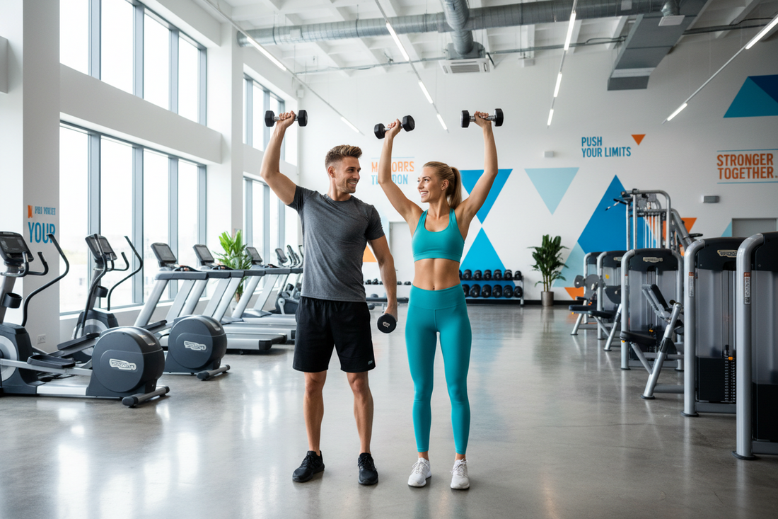 Couple working out together in a gym, lifting dumbbells for effective partner exercises