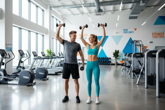 Couple working out together in a gym, lifting dumbbells for effective partner exercises