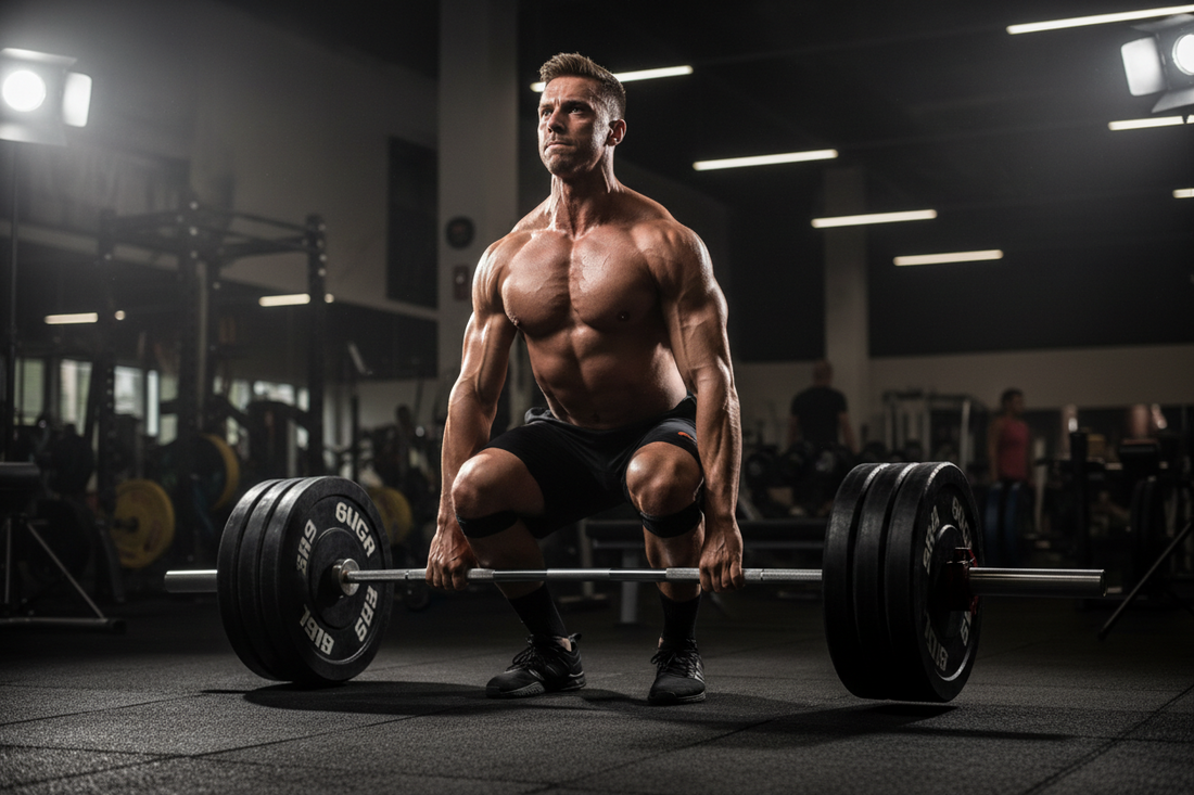 Man lifting gym weights equipment in a well-equipped fitness center for strength training