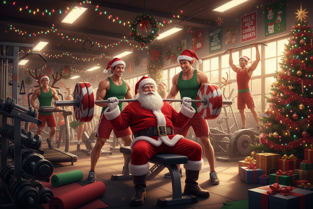 Santa lifting weights with friends in a festive gym promoting guilt free holiday exercise routines