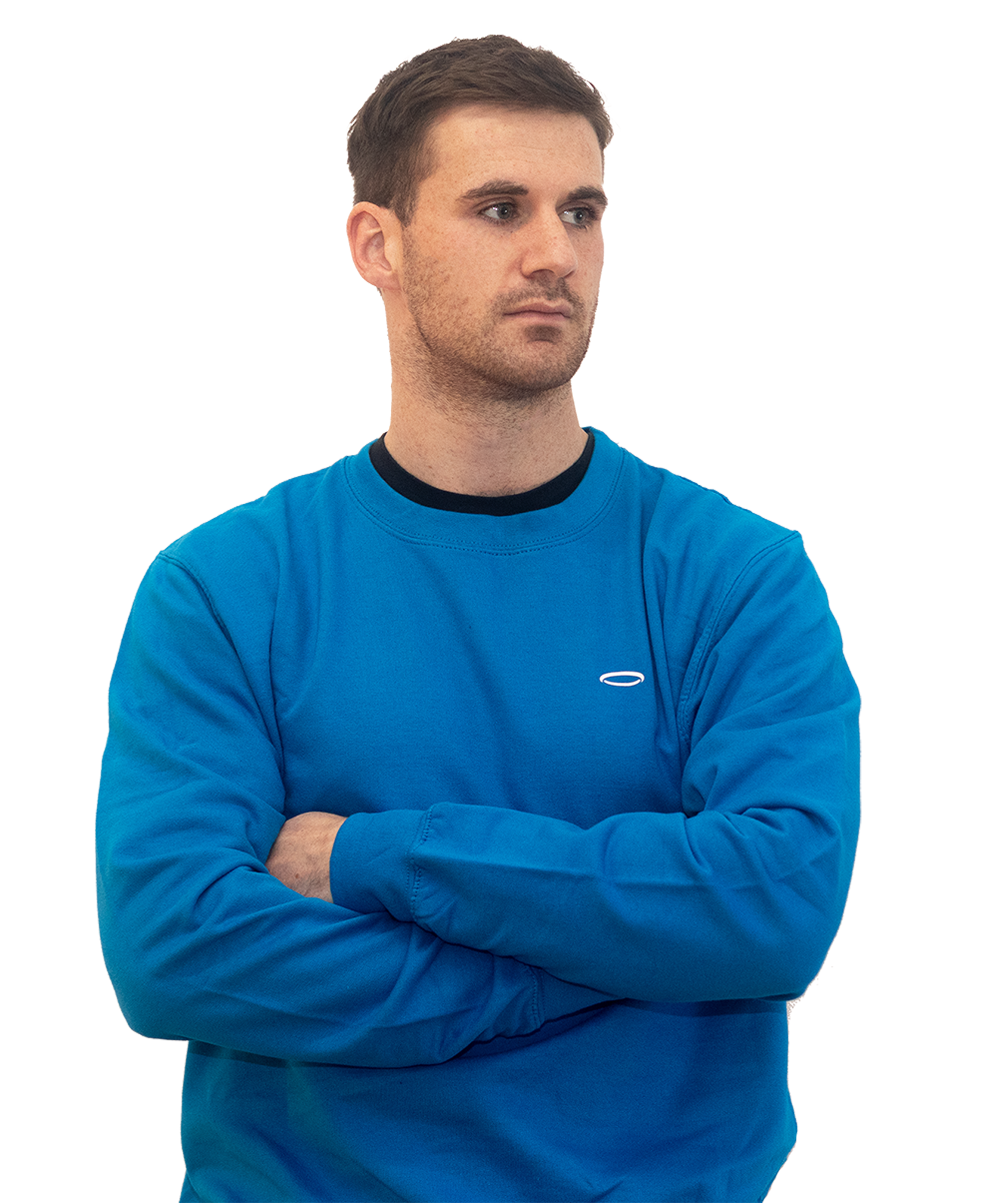 A man, arms folded, wearing a Bodydisciple Sapphire Sweatshirt B24D031SAP_Men_1