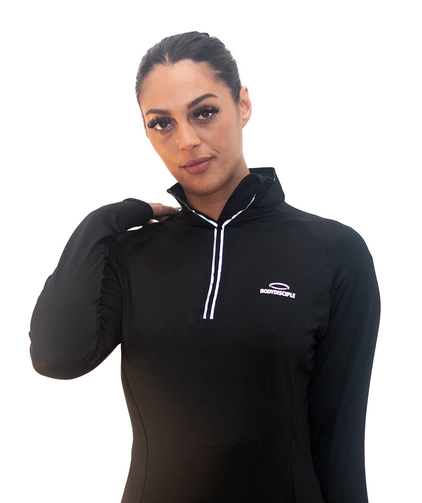 Woman wearing a Bodydisciple Zip Top_B24D221BLK_1