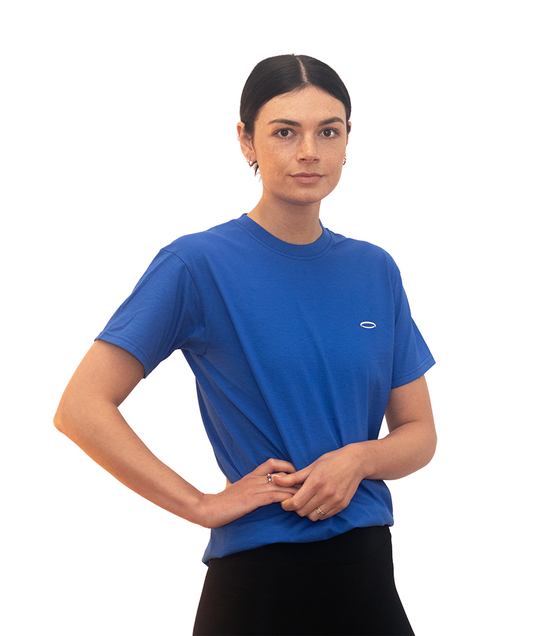 A woman, looking at camera, wearing Bodydisciple blue tee B24D301BLU1_Womens_1