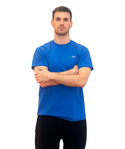 A man arms folded wearing a blue Bodydisciple T-shirt B24D301BLU_Men_1