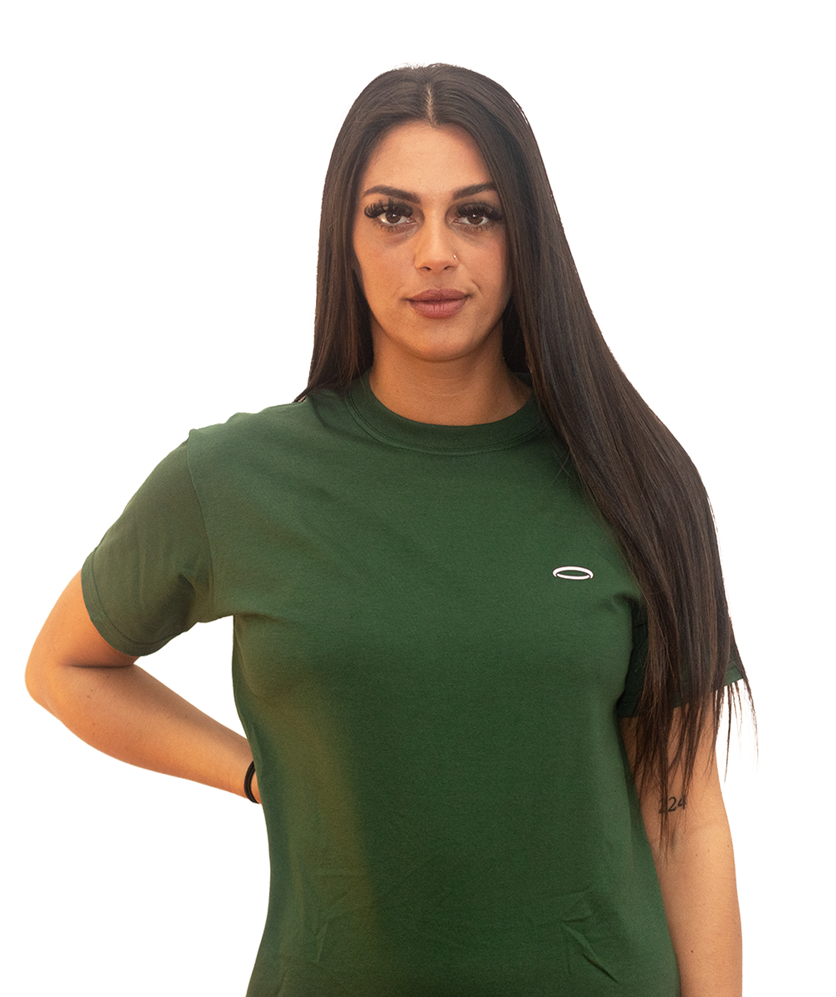 A woman, looking at camera, wearing Bodydisciple green tee B24D301GRN_Womens_1