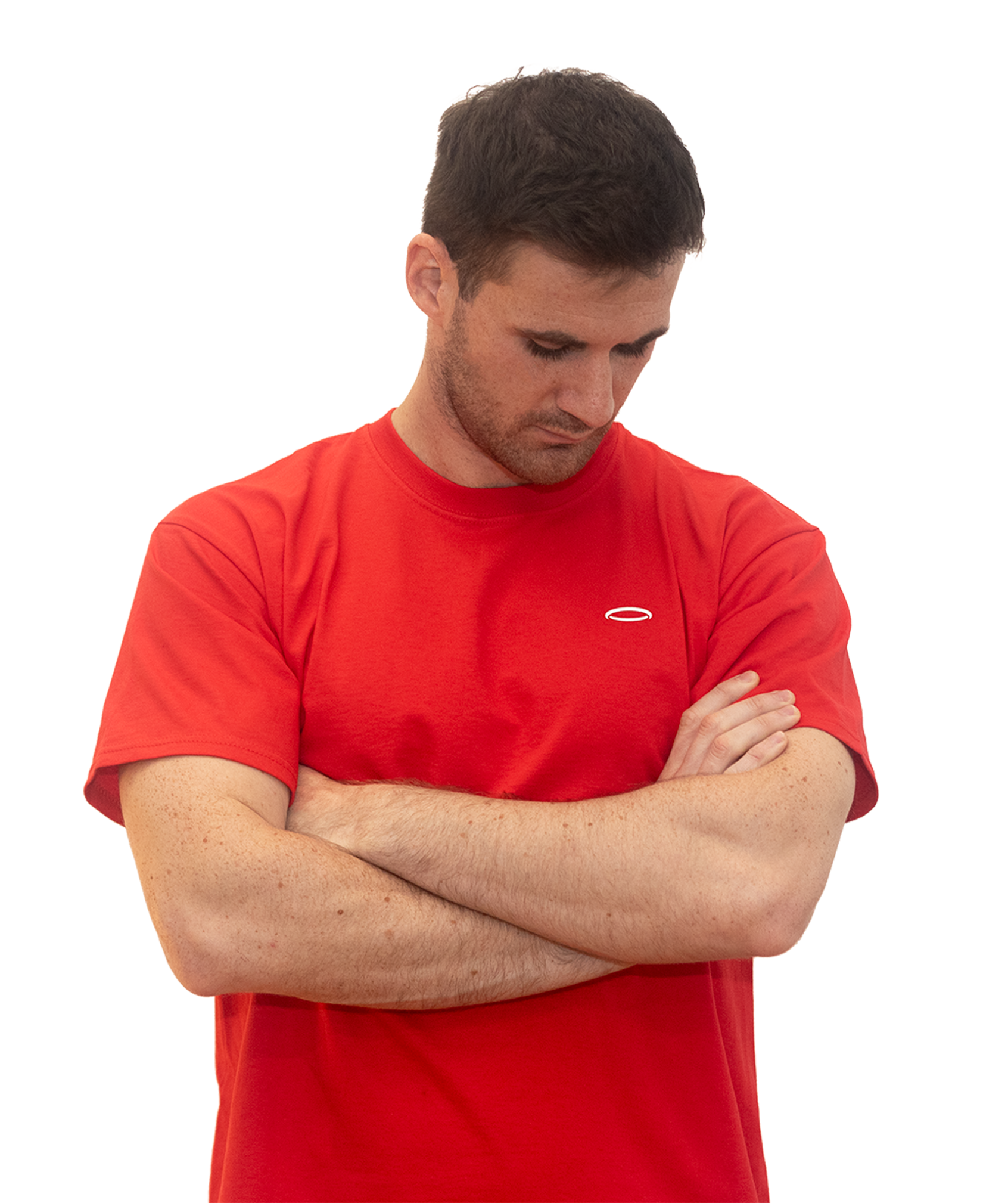 Man, looking down, wearing a Bodydisciple red halo t-shirt