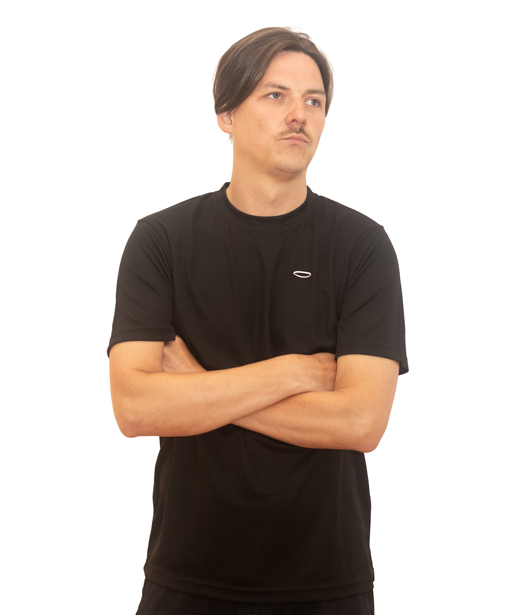 A man, arms folded, wearing a Bodydisciple black t-shirt B24D521BLK_Mens_1