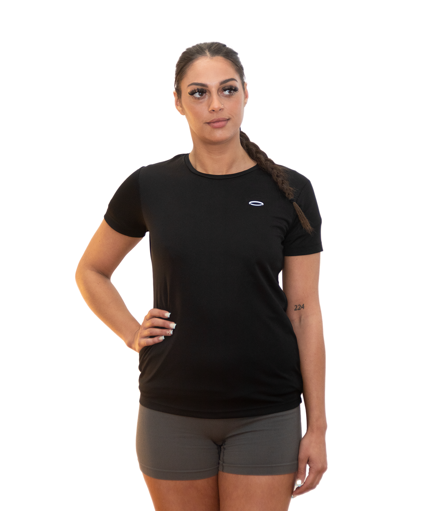 A woman, looking up, wearing Bodydisciple drift t-shirt B24D521BLK_Women_1