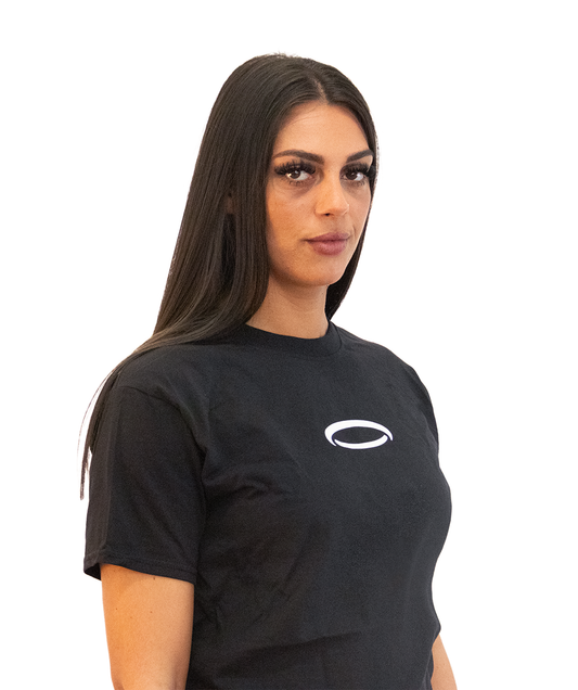 Black Bodydisciple durable gym tee for women with a simple logo on the front