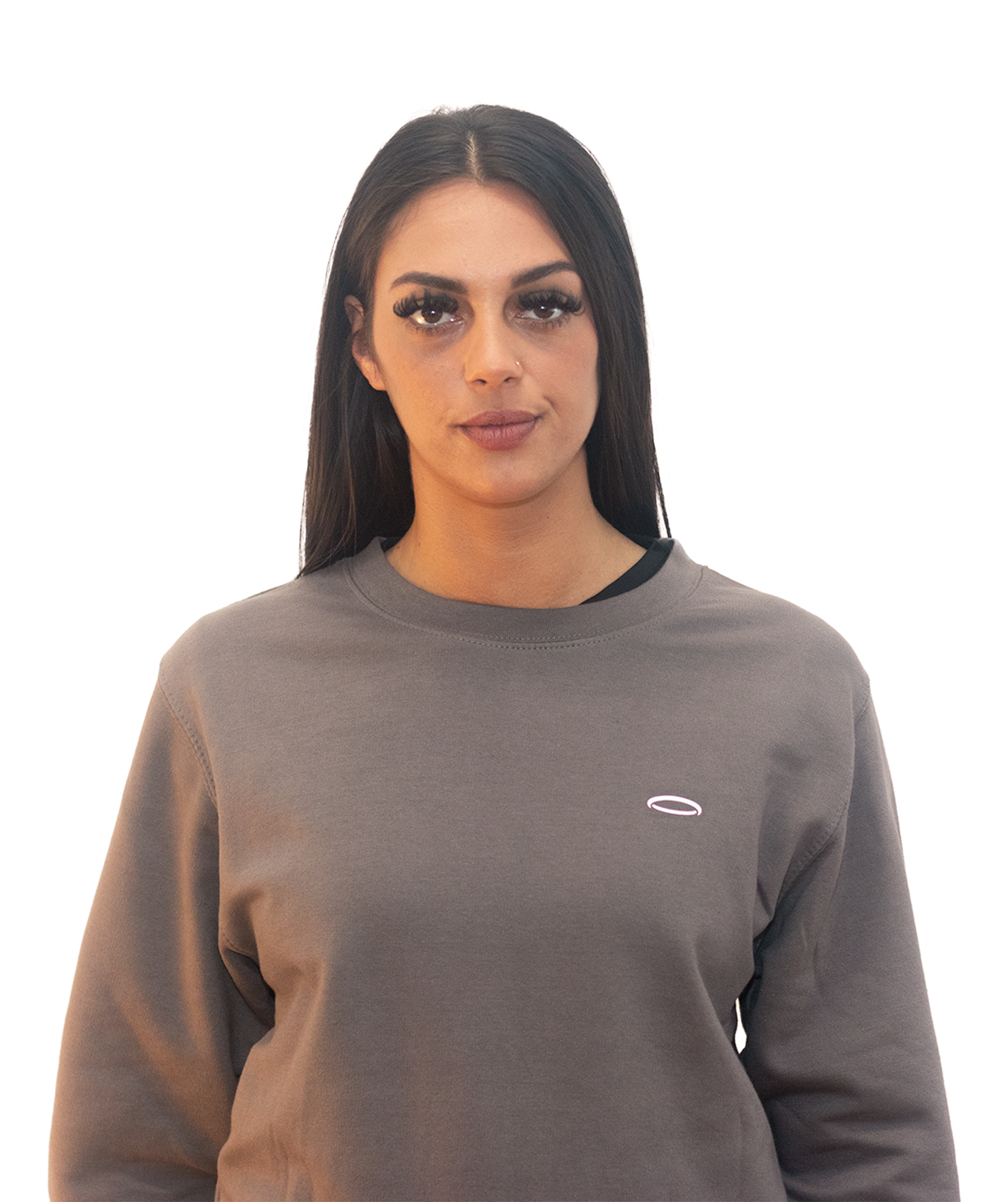 Model wearing a stone colored sweatshirt with a minimalist design from Bodydisciple