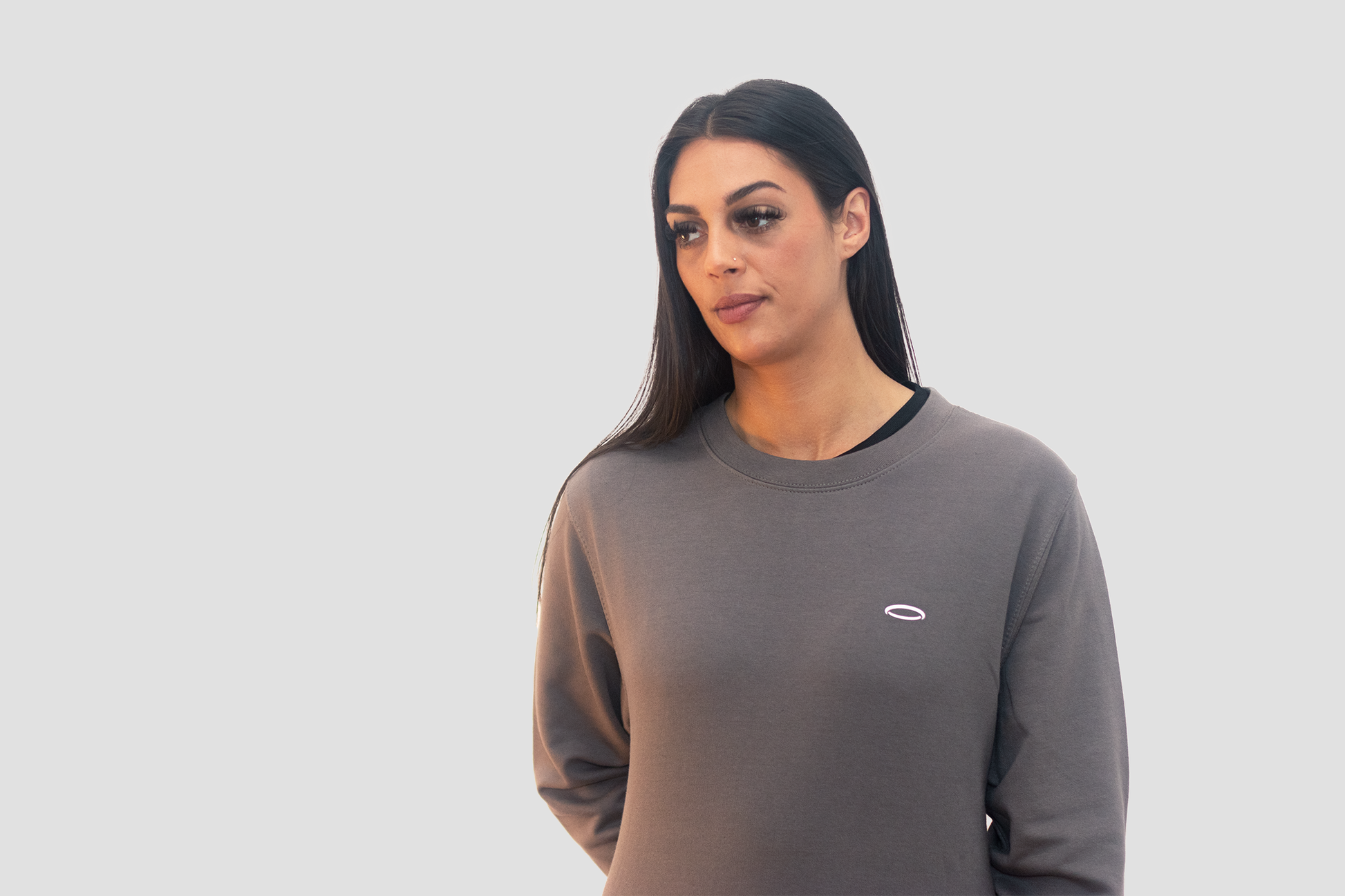 Stylish stone colored sweatshirt for women by BodyDisciple, perfect for casual wear.