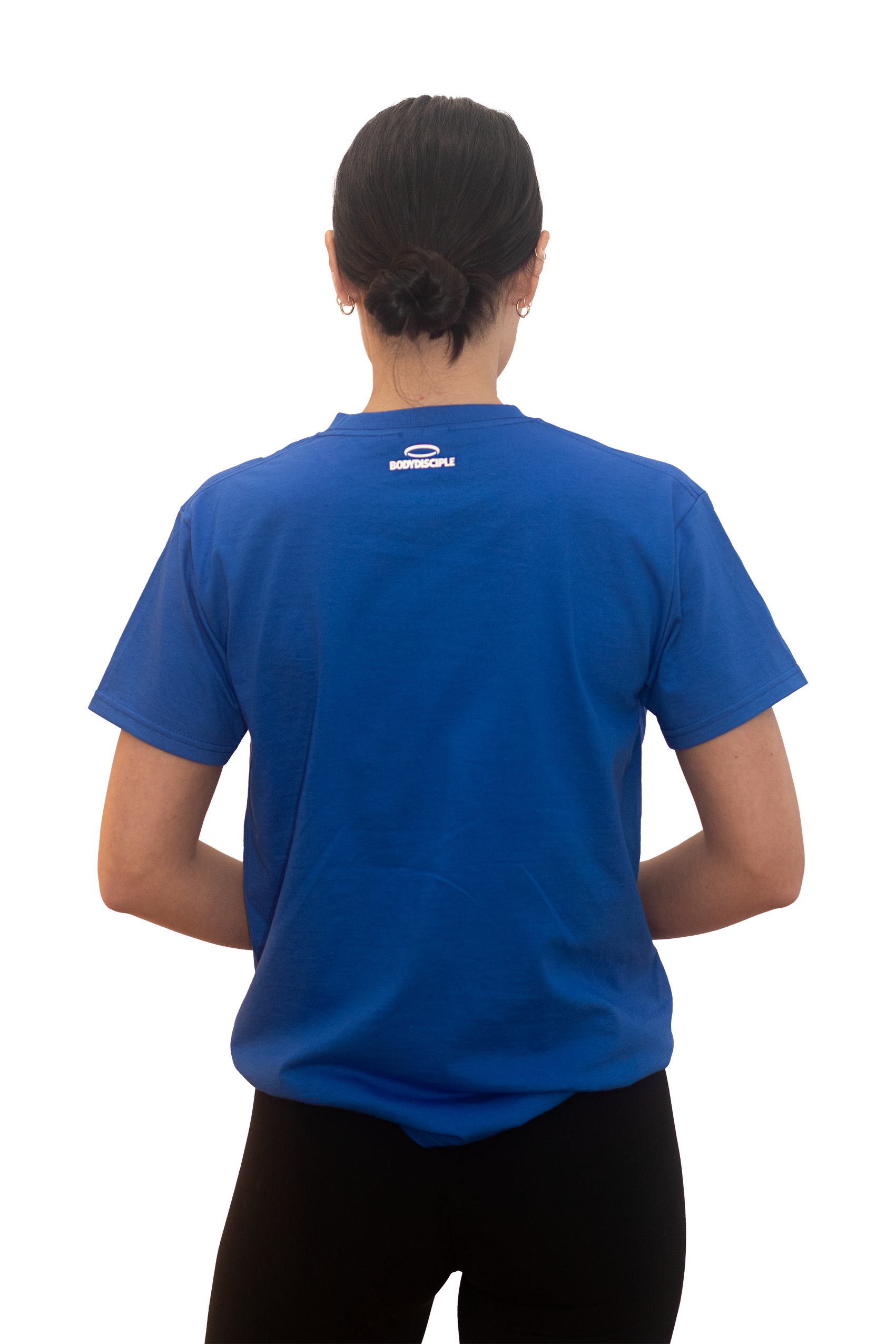 Back view of a women's sports tee blue from BodyDisciple, designed for comfort and active wear